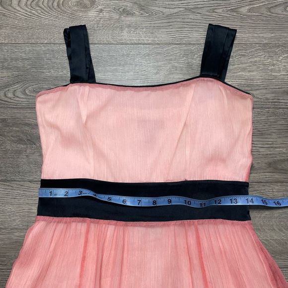 BEBE Pink Black Silk Dress Ruffle Sheer Formal Size 6 Small Midi Length - Picture 10 of 11